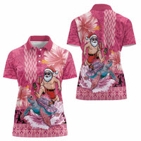 Hawaii Mele Kalikimaka Women Polo Shirt Funny Santa with Tribal Tattoos Kakau Pink Color LT03 - Polynesian Pride