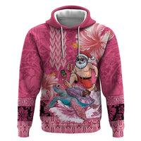 Hawaii Mele Kalikimaka Zip Hoodie Funny Santa with Tribal Tattoos Kakau Pink Color - Polynesian Pride