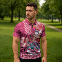Hawaii Mele Kalikimaka Zipper Polo Shirt Funny Santa with Tribal Tattoos Kakau Pink Color LT03 - Polynesian Pride