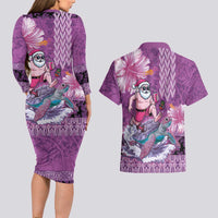 Hawaii Mele Kalikimaka Couples Matching Long Sleeve Bodycon Dress and Hawaiian Shirt Funny Santa with Tribal Tattoos Kakau Purple Color - Polynesian Pride