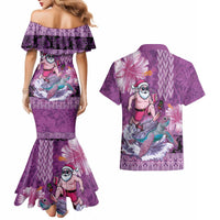 Hawaii Mele Kalikimaka Couples Matching Mermaid Dress and Hawaiian Shirt Funny Santa with Tribal Tattoos Kakau Purple Color LT03 - Polynesian Pride