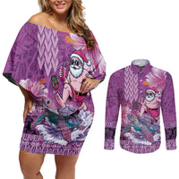 Hawaii Mele Kalikimaka Couples Matching Off Shoulder Short Dress and Long Sleeve Button Shirt Funny Santa with Tribal Tattoos Kakau Purple Color - Polynesian Pride