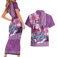 Hawaii Mele Kalikimaka Couples Matching Short Sleeve Bodycon Dress and Hawaiian Shirt Funny Santa with Tribal Tattoos Kakau Purple Color - Polynesian Pride