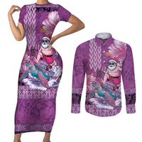 Hawaii Mele Kalikimaka Couples Matching Short Sleeve Bodycon Dress and Long Sleeve Button Shirt Funny Santa with Tribal Tattoos Kakau Purple Color LT03 Purple - Polynesian Pride