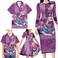 Hawaii Mele Kalikimaka Family Matching Long Sleeve Bodycon Dress and Hawaiian Shirt Funny Santa with Tribal Tattoos Kakau Purple Color LT03 - Polynesian Pride