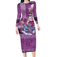 Hawaii Mele Kalikimaka Family Matching Long Sleeve Bodycon Dress and Hawaiian Shirt Funny Santa with Tribal Tattoos Kakau Purple Color - Polynesian Pride