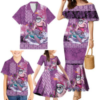 Hawaii Mele Kalikimaka Family Matching Mermaid Dress and Hawaiian Shirt Funny Santa with Tribal Tattoos Kakau Purple Color - Polynesian Pride