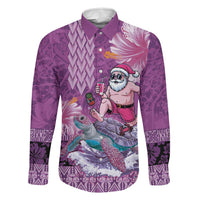 Hawaii Mele Kalikimaka Family Matching Mermaid Dress and Hawaiian Shirt Funny Santa with Tribal Tattoos Kakau Purple Color LT03 Dad's Shirt - Long Sleeve Purple - Polynesian Pride