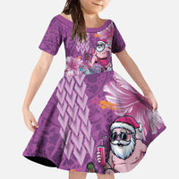 Hawaii Mele Kalikimaka Family Matching Off The Shoulder Long Sleeve Dress and Hawaiian Shirt Funny Santa with Tribal Tattoos Kakau Purple Color LT03 Daughter's Dress Purple - Polynesian Pride