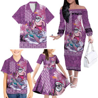 Hawaii Mele Kalikimaka Family Matching Off The Shoulder Long Sleeve Dress and Hawaiian Shirt Funny Santa with Tribal Tattoos Kakau Purple Color - Polynesian Pride