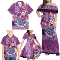 Hawaii Mele Kalikimaka Family Matching Off Shoulder Maxi Dress and Hawaiian Shirt Funny Santa with Tribal Tattoos Kakau Purple Color LT03 - Polynesian Pride