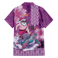 Hawaii Mele Kalikimaka Family Matching Off Shoulder Maxi Dress and Hawaiian Shirt Funny Santa with Tribal Tattoos Kakau Purple Color - Polynesian Pride