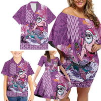 Hawaii Mele Kalikimaka Family Matching Off Shoulder Short Dress and Hawaiian Shirt Funny Santa with Tribal Tattoos Kakau Purple Color LT03 - Polynesian Pride