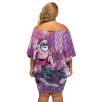 Hawaii Mele Kalikimaka Family Matching Off Shoulder Short Dress and Hawaiian Shirt Funny Santa with Tribal Tattoos Kakau Purple Color LT03 - Polynesian Pride