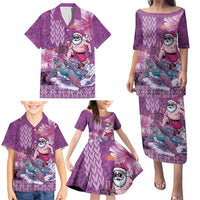 Hawaii Mele Kalikimaka Family Matching Puletasi and Hawaiian Shirt Funny Santa with Tribal Tattoos Kakau Purple Color - Polynesian Pride