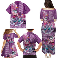 Hawaii Mele Kalikimaka Family Matching Puletasi and Hawaiian Shirt Funny Santa with Tribal Tattoos Kakau Purple Color - Polynesian Pride