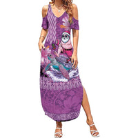 Hawaii Mele Kalikimaka Family Matching Summer Maxi Dress and Hawaiian Shirt Funny Santa with Tribal Tattoos Kakau Purple Color LT03 Mom's Dress Purple - Polynesian Pride