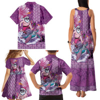 Hawaii Mele Kalikimaka Family Matching Tank Maxi Dress and Hawaiian Shirt Funny Santa with Tribal Tattoos Kakau Purple Color - Polynesian Pride