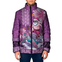 Hawaii Mele Kalikimaka Padded Jacket Funny Santa with Tribal Tattoos Kakau Purple Color - Polynesian Pride
