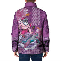 Hawaii Mele Kalikimaka Padded Jacket Funny Santa with Tribal Tattoos Kakau Purple Color - Polynesian Pride