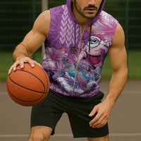 Hawaii Mele Kalikimaka Sleeveless Zip Hoodie Funny Santa with Tribal Tattoos Kakau Purple Color - Polynesian Pride