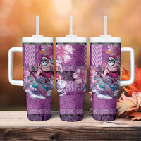 Hawaii Mele Kalikimaka Tumbler With Handle Funny Santa with Tribal Tattoos Kakau Purple Color - Polynesian Pride