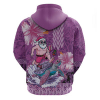 Hawaii Mele Kalikimaka Zip Hoodie Funny Santa with Tribal Tattoos Kakau Purple Color - Polynesian Pride