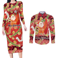 Hawaii Santa Mele Kalikimaka Couples Matching Long Sleeve Bodycon Dress and Long Sleeve Button Shirt Tropical Puakenikeni Lei with Polynesian Tribal Pattern - Polynesian Pride