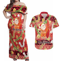 Hawaii Santa Mele Kalikimaka Couples Matching Off Shoulder Maxi Dress and Hawaiian Shirt Tropical Puakenikeni Lei with Polynesian Tribal Pattern - Polynesian Pride