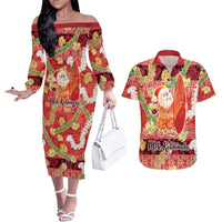 Hawaii Santa Mele Kalikimaka Couples Matching Off The Shoulder Long Sleeve Dress and Hawaiian Shirt Tropical Puakenikeni Lei with Polynesian Tribal Pattern LT03 Red - Polynesian Pride