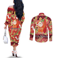 Hawaii Santa Mele Kalikimaka Couples Matching Off The Shoulder Long Sleeve Dress and Long Sleeve Button Shirt Tropical Puakenikeni Lei with Polynesian Tribal Pattern - Polynesian Pride