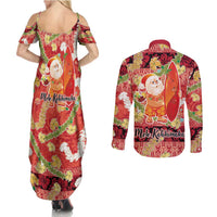 Hawaii Santa Mele Kalikimaka Couples Matching Summer Maxi Dress and Long Sleeve Button Shirt Tropical Puakenikeni Lei with Polynesian Tribal Pattern LT03 - Polynesian Pride
