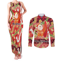 Hawaii Santa Mele Kalikimaka Couples Matching Tank Maxi Dress and Long Sleeve Button Shirt Tropical Puakenikeni Lei with Polynesian Tribal Pattern - Polynesian Pride