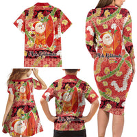 Hawaii Santa Mele Kalikimaka Family Matching Long Sleeve Bodycon Dress and Hawaiian Shirt Tropical Puakenikeni Lei with Polynesian Tribal Pattern LT03 - Polynesian Pride