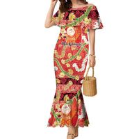 Hawaii Santa Mele Kalikimaka Family Matching Mermaid Dress and Hawaiian Shirt Tropical Puakenikeni Lei with Polynesian Tribal Pattern LT03 Red - Polynesian Pride