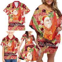 Hawaii Santa Mele Kalikimaka Family Matching Off Shoulder Short Dress and Hawaiian Shirt Tropical Puakenikeni Lei with Polynesian Tribal Pattern LT03 - Polynesian Pride