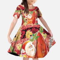 Hawaii Santa Mele Kalikimaka Family Matching Puletasi and Hawaiian Shirt Tropical Puakenikeni Lei with Polynesian Tribal Pattern LT03 Daughter's Dress Red - Polynesian Pride