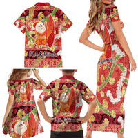 Hawaii Santa Mele Kalikimaka Family Matching Short Sleeve Bodycon Dress and Hawaiian Shirt Tropical Puakenikeni Lei with Polynesian Tribal Pattern LT03 - Polynesian Pride