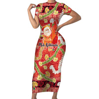 Hawaii Santa Mele Kalikimaka Family Matching Short Sleeve Bodycon Dress and Hawaiian Shirt Tropical Puakenikeni Lei with Polynesian Tribal Pattern LT03 Red - Polynesian Pride