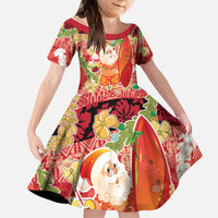 Hawaii Santa Mele Kalikimaka Kid Short Sleeve Dress Tropical Puakenikeni Lei with Polynesian Tribal Pattern - Polynesian Pride