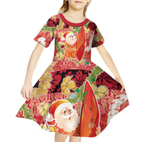 Hawaii Santa Mele Kalikimaka Kid Short Sleeve Dress Tropical Puakenikeni Lei with Polynesian Tribal Pattern - Polynesian Pride