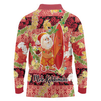 Hawaii Santa Mele Kalikimaka Long Sleeve Polo Shirt Tropical Puakenikeni Lei with Polynesian Tribal Pattern - Polynesian Pride