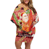Hawaii Santa Mele Kalikimaka Off Shoulder Short Dress Tropical Puakenikeni Lei with Polynesian Tribal Pattern - Polynesian Pride