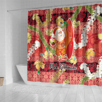 Hawaii Santa Mele Kalikimaka Shower Curtain Tropical Puakenikeni Lei with Polynesian Tribal Pattern - Polynesian Pride