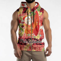 Hawaii Santa Mele Kalikimaka Sleeveless Zip Hoodie Tropical Puakenikeni Lei with Polynesian Tribal Pattern - Polynesian Pride