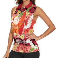 Hawaii Santa Mele Kalikimaka Women Sleeveless Polo Shirt Tropical Puakenikeni Lei with Polynesian Tribal Pattern - Polynesian Pride