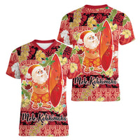 Hawaii Santa Mele Kalikimaka Women V-Neck T-Shirt Tropical Puakenikeni Lei with Polynesian Tribal Pattern LT03 - Polynesian Pride