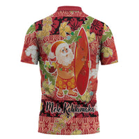 Hawaii Santa Mele Kalikimaka Zipper Polo Shirt Tropical Puakenikeni Lei with Polynesian Tribal Pattern - Polynesian Pride