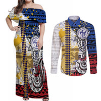 Hawaii Lutheran High School Couples Matching Off Shoulder Maxi Dress and Long Sleeve Button Shirt Kakau Pattern Splash Style LT03 Red - Polynesian Pride