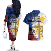 Hawaii Lutheran High School Couples Matching Off The Shoulder Long Sleeve Dress and Hawaiian Shirt Kakau Pattern Splash Style LT03 - Polynesian Pride